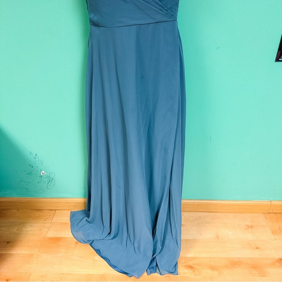 Azazie Dusty/ steele Blue Chiffon V-Neck A-Line Slit Bridesmaids Dress Size 14 - Picture 5 of 11